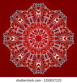 Decorative Round Mandala From Floral Elements. Vector Illustration. For Coloring Book, Greeting Card, Invitation, Tattoo. Anti-Stress Therapy Pattern. Silver, red color.