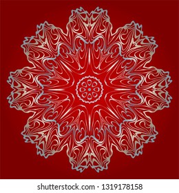 Decorative Round Mandala From Floral Elements. Vector Illustration. For Coloring Book, Greeting Card, Invitation, Tattoo. Anti-Stress Therapy Pattern. Silver, red color.