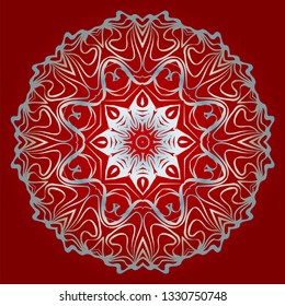 Decorative Round Mandala From Floral Elements. Vector Illustration. For Coloring Book, Greeting Card, Invitation, Tattoo. Anti-Stress Therapy Pattern. Silver, red color.