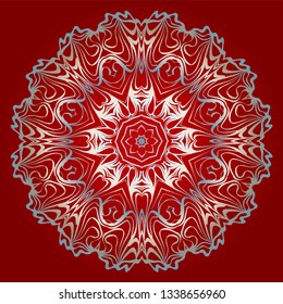 Decorative Round Mandala From Floral Elements. Vector Illustration. For Coloring Book, Greeting Card, Invitation, Tattoo. Anti-Stress Therapy Pattern. Silver, red color.