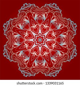 Decorative Round Mandala From Floral Elements. Vector Illustration. For Coloring Book, Greeting Card, Invitation, Tattoo. Anti-Stress Therapy Pattern. Silver, red color.
