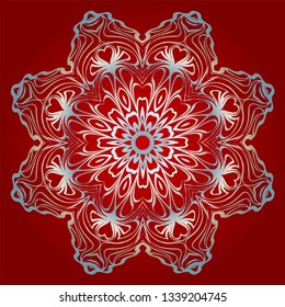 Decorative Round Mandala From Floral Elements. Vector Illustration. For Coloring Book, Greeting Card, Invitation, Tattoo. Anti-Stress Therapy Pattern. Silver, red color.