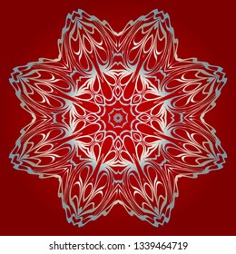Decorative Round Mandala From Floral Elements. Vector Illustration. For Coloring Book, Greeting Card, Invitation, Tattoo. Anti-Stress Therapy Pattern. Silver, red color.