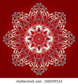 Decorative Round Mandala From Floral Elements. Vector Illustration. For Coloring Book, Greeting Card, Invitation, Tattoo. Anti-Stress Therapy Pattern. Silver, red color.