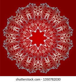 Decorative Round Mandala From Floral Elements. Vector Illustration. For Coloring Book, Greeting Card, Invitation, Tattoo. Anti-Stress Therapy Pattern. Silver, red color.