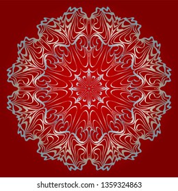 Decorative Round Mandala From Floral Elements. Vector Illustration. For Coloring Book, Greeting Card, Invitation, Tattoo. Anti-Stress Therapy Pattern. Silver, red color.