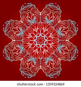 Decorative Round Mandala From Floral Elements. Vector Illustration. For Coloring Book, Greeting Card, Invitation, Tattoo. Anti-Stress Therapy Pattern. Silver, red color.