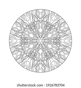 Decorative round mandala with floral patterns on a white isolated background. For coloring book pages.