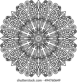Decorative round ornament. Anti-stress therapy pattern. Yoga mandala background. Vector illustration. Bohemian, ethnic, hippie motifs. Design element for yoga mat, wall art, stickers, tattoo, clothes.