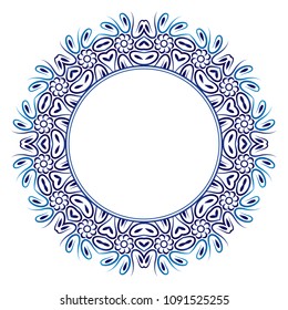 Decorative round ornament. Ceramic tile pattern. White background with art frame. Islamic, indian, arabic motifs. Porcelain pattern design. Abstract floral ornament border. Vector stock illustration