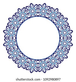 Decorative round ornament. Ceramic tile pattern. White background with art frame. Islamic, indian, arabic motifs. Porcelain pattern design. Abstract floral ornament border. Vector stock illustration