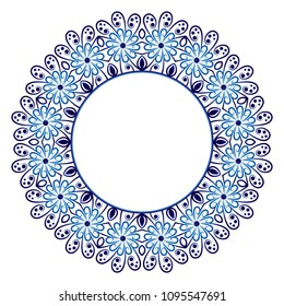 Decorative round ornament. Ceramic tile pattern. White background with art frame. Islamic, indian, arabic motifs. Porcelain pattern design. Abstract floral ornament border. Vector stock illustration