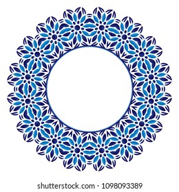 Decorative round ornament. Ceramic tile pattern. White background with art frame. Islamic, indian, arabic motifs. Porcelain pattern design. Abstract floral ornament border. Vector stock illustration