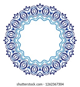 Decorative round ornament. Ceramic tile pattern. Pattern for plates or dishes. Islamic, indian, arabic motifs. Porcelain pattern design. Abstract floral ornament border. Vector stock illustration