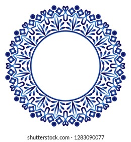Decorative round ornament. Ceramic tile pattern. Pattern for plates or dishes. Islamic, indian, arabic motifs. Porcelain pattern design. Abstract floral ornament border. Vector stock illustration