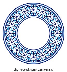 Decorative round ornament. Ceramic tile pattern. Pattern for plates or dishes. Islamic, indian, arabic motifs. Porcelain pattern design. Abstract floral ornament border. Vector stock illustration