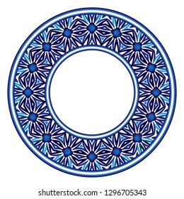 Decorative round ornament. Ceramic tile pattern. Pattern for plates or dishes. Islamic, indian, arabic motifs. Porcelain pattern design. Abstract floral ornament border. Vector stock illustration