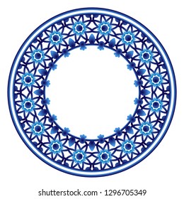 Decorative round ornament. Ceramic tile pattern. Pattern for plates or dishes. Islamic, indian, arabic motifs. Porcelain pattern design. Abstract floral ornament border. Vector stock illustration
