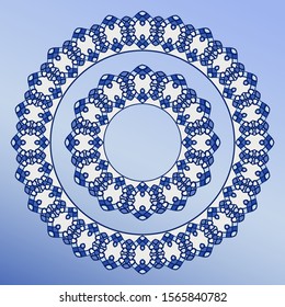 Decorative round ornament. Ceramic tile pattern. Pattern for plates or dishes. Porcelain pattern design. Abstract ornament border in blue.