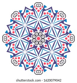 Decorative round ornament. Ceramic tile pattern. Pattern for plates or dishes. Islamic, indian, arabic motifs. Porcelain pattern design. Abstract floral ornament border. Vector stock illustration