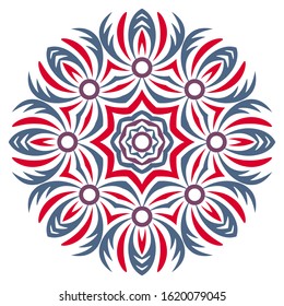 Decorative round ornament. Ceramic tile pattern. Pattern for plates or dishes. Islamic, indian, arabic motifs. Porcelain pattern design. Abstract floral ornament border. Vector stock illustration