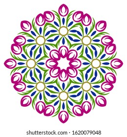 Decorative round ornament. Ceramic tile pattern. Pattern for plates or dishes. Islamic, indian, arabic motifs. Porcelain pattern design. Abstract floral ornament border. Vector stock illustration