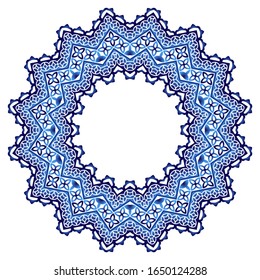 Decorativo adorno redondo. Tapa cerámica. Patrón para platos o platos. Motivos islámicos, indios, árabes. Diseño de patrones de porcelana. Borde de adorno floral abstracto. Ilustración de material vectorial