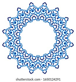 Decorativo adorno redondo. Tapa cerámica. Patrón para platos o platos. Motivos islámicos, indios, árabes. Diseño de patrones de porcelana. Borde de adorno floral abstracto. Ilustración de material vectorial