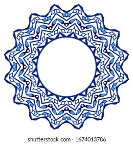 Decorative round ornament. Ceramic tile pattern. Pattern for plates or dishes. Islamic, indian, arabic motifs. Porcelain pattern design. Abstract floral ornament border. Vector stock illustration