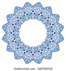 Decorative round ornament. Ceramic tile pattern. Pattern for plates or dishes. Islamic, indian, arabic motifs. Porcelain pattern design. Abstract floral ornament border. Vector stock illustration