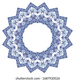 Decorativo adorno redondo. Tapa cerámica. Patrón para platos o platos. Motivos islámicos, indios, árabes. Diseño de patrones de porcelana. Borde de adorno floral abstracto. Ilustración de material vectorial