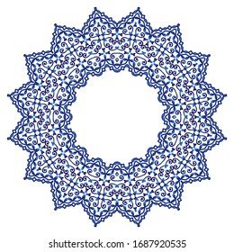 Decorative round ornament. Ceramic tile pattern. Pattern for plates or dishes. Islamic, indian, arabic motifs. Porcelain pattern design. Abstract floral ornament border. Vector stock illustration