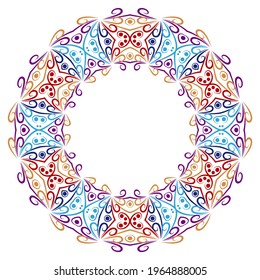 Dekorative Rundverzierungen. Keramikfliesenrand. Muster für Teller oder Geschirr. Islamische, indische, arabische Motive. Porzellanmuster-Design. Abstrakte Blumenschmuckgrenze. Vektorgrafik