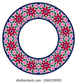 Decorative round ornament. Ceramic tile border. Pattern for plates or dishes. Islamic, indian, arabic motifs. Porcelain pattern design. Abstract floral ornament border. Vector stock illustration