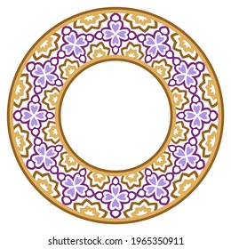 Decorative round ornament. Ceramic tile border. Pattern for plates or dishes. Islamic, indian, arabic motifs. Porcelain pattern design. Abstract floral ornament border. Vector stock illustration