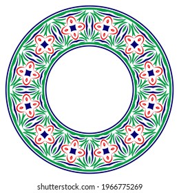 Decorative round ornament. Ceramic tile border. Pattern for plates or dishes. Islamic, indian, arabic motifs. Porcelain pattern design. Abstract floral ornament border. Vector stock illustration
