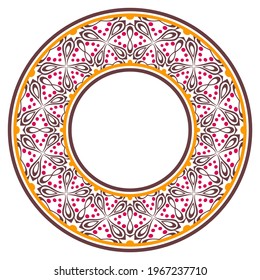Ornamento redondo decorativo. Borde cerámico de azulejos. Patrón para platos o platos. Motivos islámicos, indios, árabes. Diseño de patrones de porcelana. Borde de ornamento floral abstracto. Ilustración de material vectorial