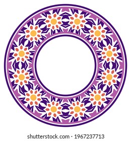 Decorative round ornament. Ceramic tile border. Pattern for plates or dishes. Islamic, indian, arabic motifs. Porcelain pattern design. Abstract floral ornament border. Vector stock illustration