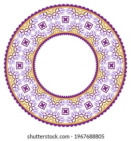 Decorative round ornament. Ceramic tile border. Pattern for plates or dishes. Islamic, indian, arabic motifs. Porcelain pattern design. Abstract floral ornament border. Vector stock illustration