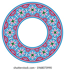 Decorative round ornament. Ceramic tile border. Pattern for plates or dishes. Islamic, indian, arabic motifs. Porcelain pattern design. Abstract floral ornament border. Vector stock illustration