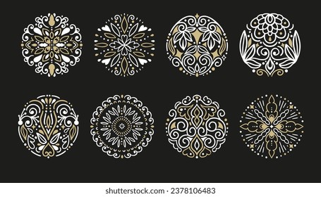 Decorative Round Ornament. Circle Gold and White Swirl Pattern.