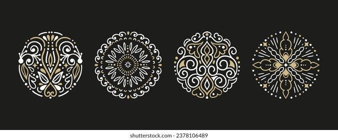 Decorative Round Ornament. Circle Gold and White Swirl Pattern.