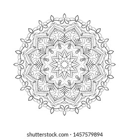 Decorative round ornament in ethnic oriental style. Pattern in form of Mandala. Coloring book page good mood.