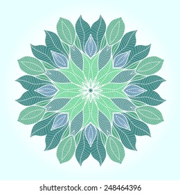 Decorative round ornament with floral pattern. Background with leaf texture