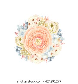 Decorative round ornament of flower Ranunculus orange color, succulent, leaves and Silver Brunia, floral vector illustration in vintage watercolor style.