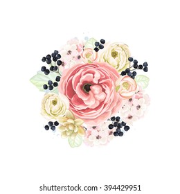 Decorative round ornament of flowers, branches wild Privet Berry and leaves, floral vector illustration in vintage watercolor style.