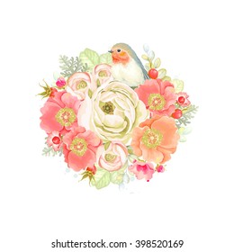 Decorative round ornament of flowers ranunculus, rose hip, bird Robin and leaves, tender floral vector illustration in vintage watercolor style.