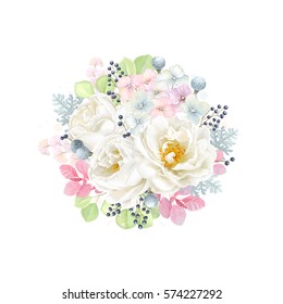 Decorative round ornament with flowers Roses white color, leaves Silver Dollar Eucalyptus and Silver Brunia, inflorescence Hydrangea. Floral vector illustration in vintage style.