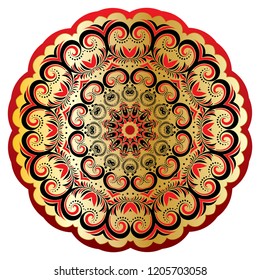 Decorative round ornament made of gold and red floral elements.