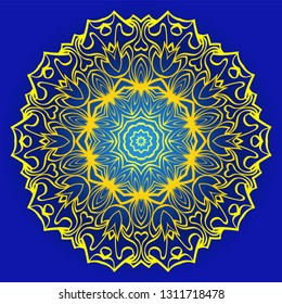 Decorative Round Ornament Mandala From Floral Elements. Vector Illustration. Oriental Pattern. Indian, Moroccan, Mystic, Ottoman Motifs. Anti-Stress Therapy Pattern. Blue, yellow color.